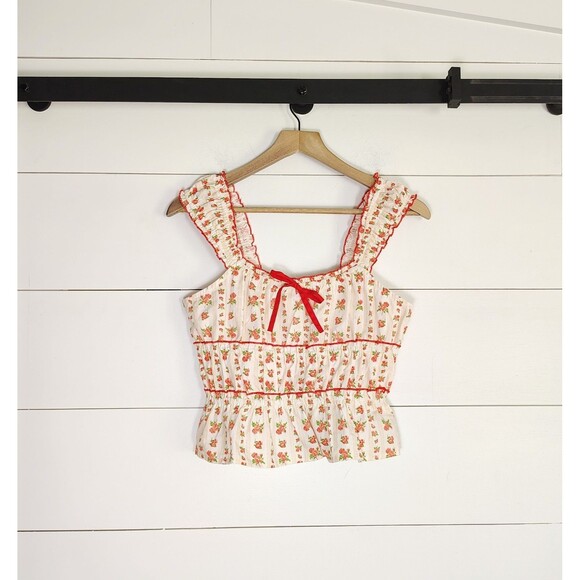 Coquette Floral Ruffle Peplum Top Bow Milkmaid Cottagecore Romantic Feminine L - Picture 2 of 10
